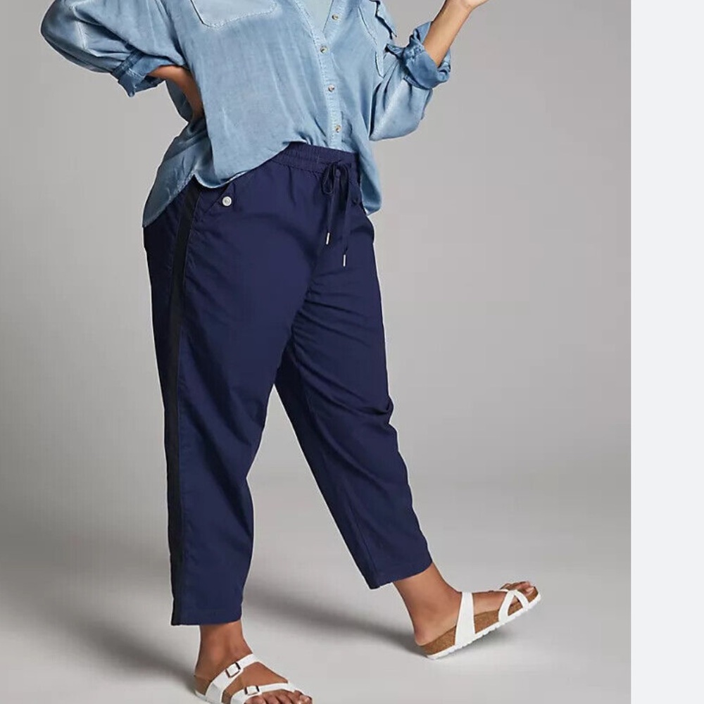 ANTHROPOLOGIE Maeve Tenley Twill Track Pants Side Stripe Pull-on Navy